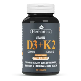 Vitamin D3+K2 tablets, this supplement supports Bone Strength, Heart Health, Muscle Function & Immunity through optimal calcium absorption & direction in body.